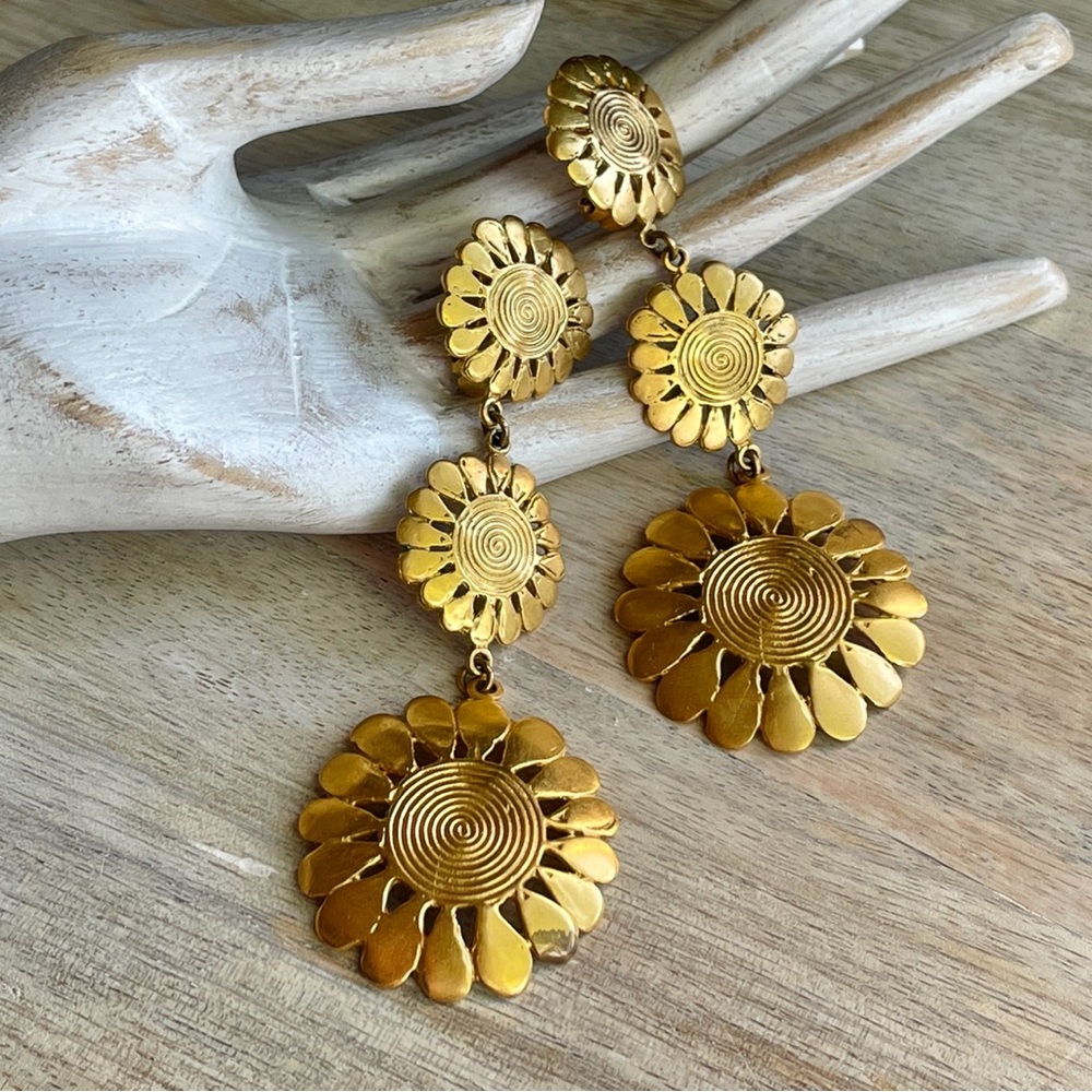 *Gold Tone* Floral Drop Earrings - Picture 3 of 11